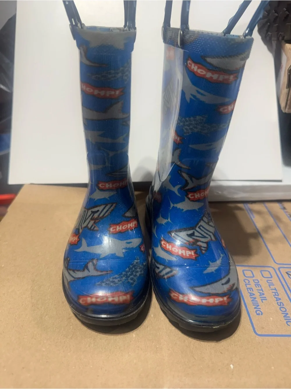 Kids Blue Shark Print Rain Boots with Easy Pull Handles